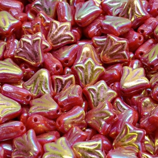 10 x 9mm Lily flowers in Opaque Red Full AB with Pink Lustre
