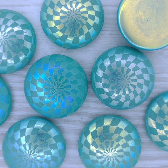25mm Flatback Cabochon in Green Turquoise with Chessboard design