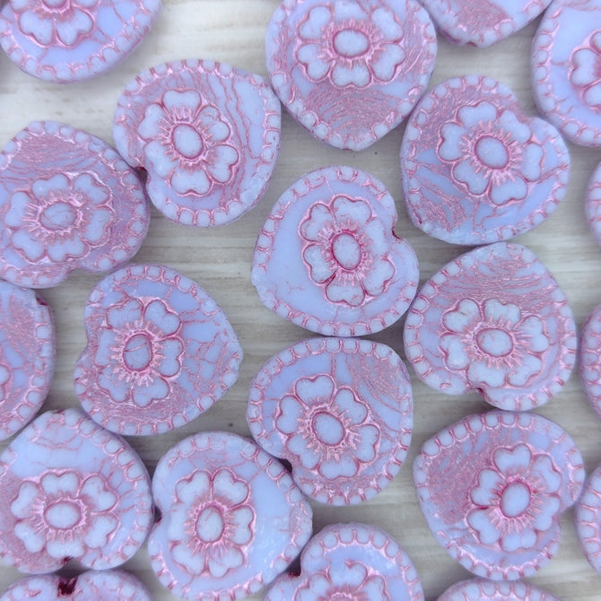 17mm Heart with Rose in Opaque Pale Blue with Pink Lustre