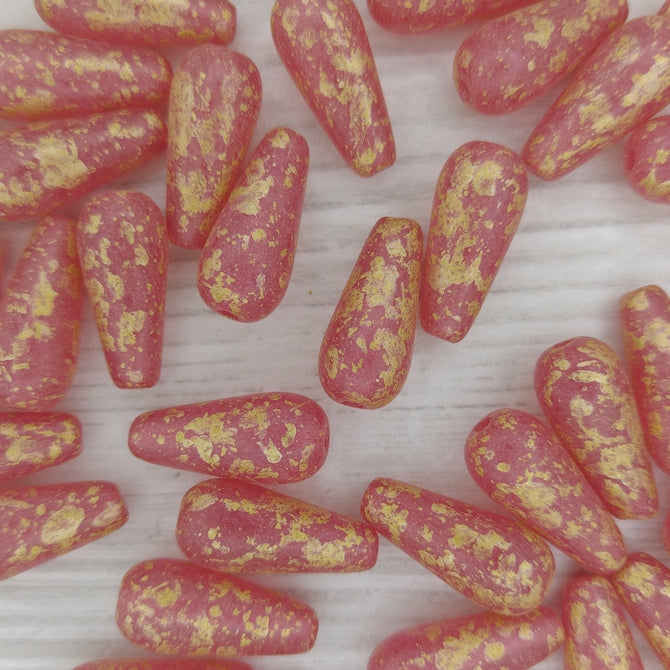 Pair of 20x9mm drops in Pink with Gold Splash