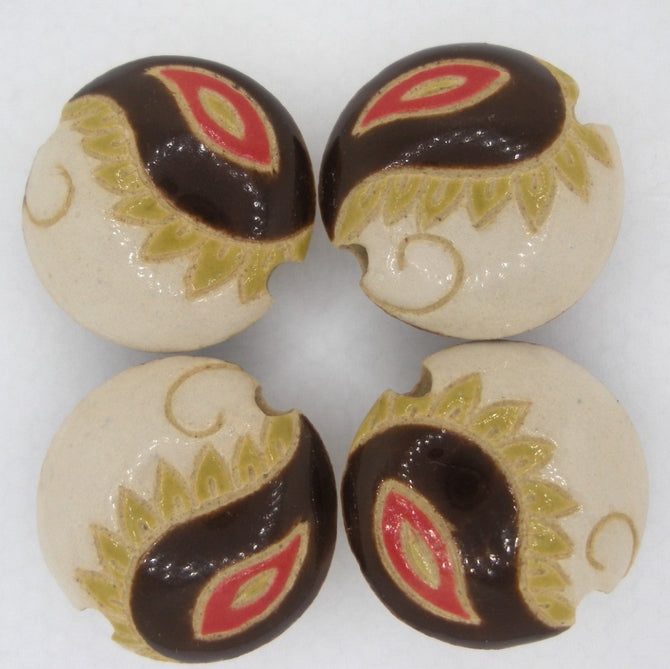 CLB-062-C-M lentil bead in Ivory- Olive and Brown Paisley from Golem Studio