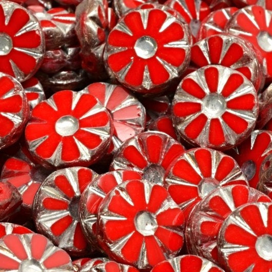 6 x 12mm TC Sunflowers in Coral Red with Labrador Silver