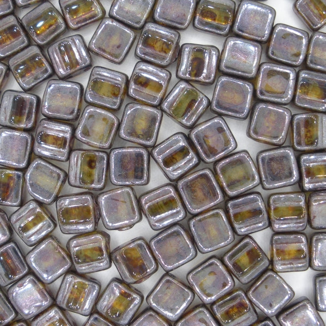 12 x 6mm Czech tiles in Black Diamond/Green Lustre