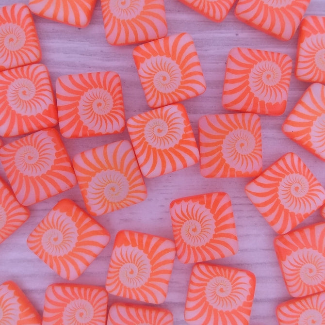 5 x 12mm square beads in Neon Orange with laser etched shell
