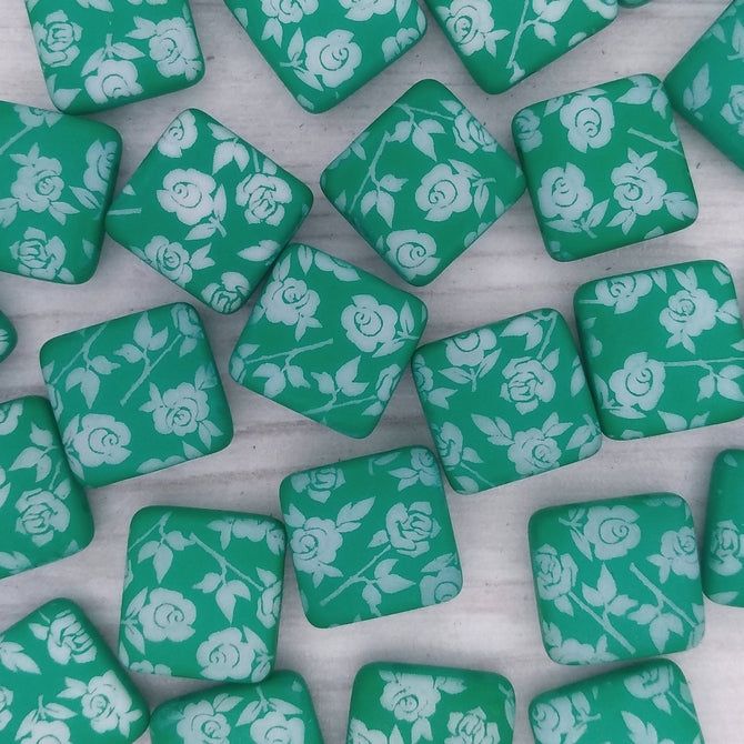 5 x 12mm square beads in Neon Emerald with laser etched roses