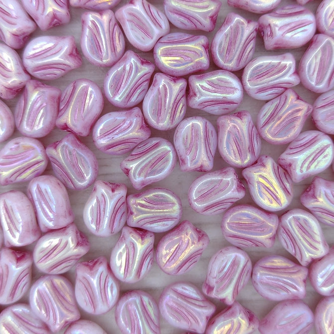 10 x Tulip flowers in Alabaster with Full AB and Pink Lustre (9x7mm)
