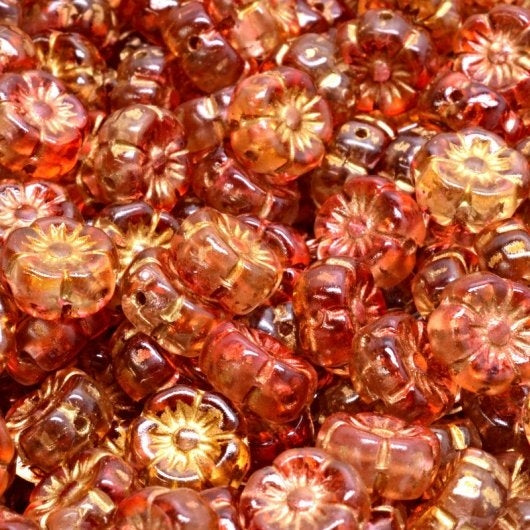 15 x 8mm Mallow flowers in Crystal Fuchsia and Tangerine with Gold