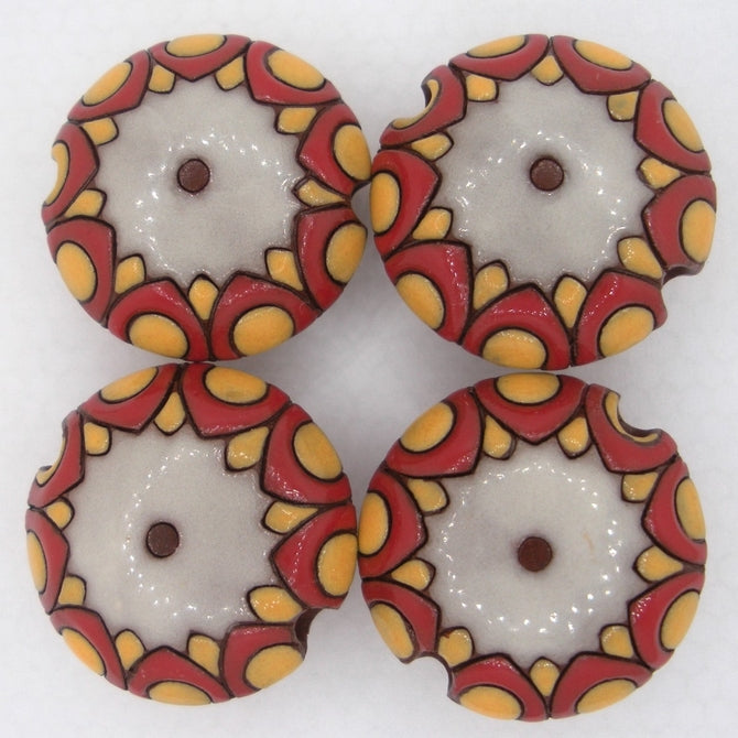 CLB-073-D-M lentil bead in Coral and Yellow Sun Design from Golem Studio