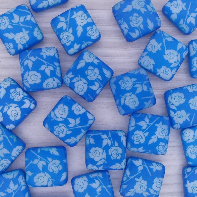 5 x 12mm square beads in Neon Electric Blue with laser etched roses