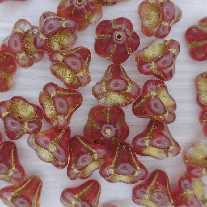 5 x Bell Flowers in Cranberry with Gold (11x13mm)