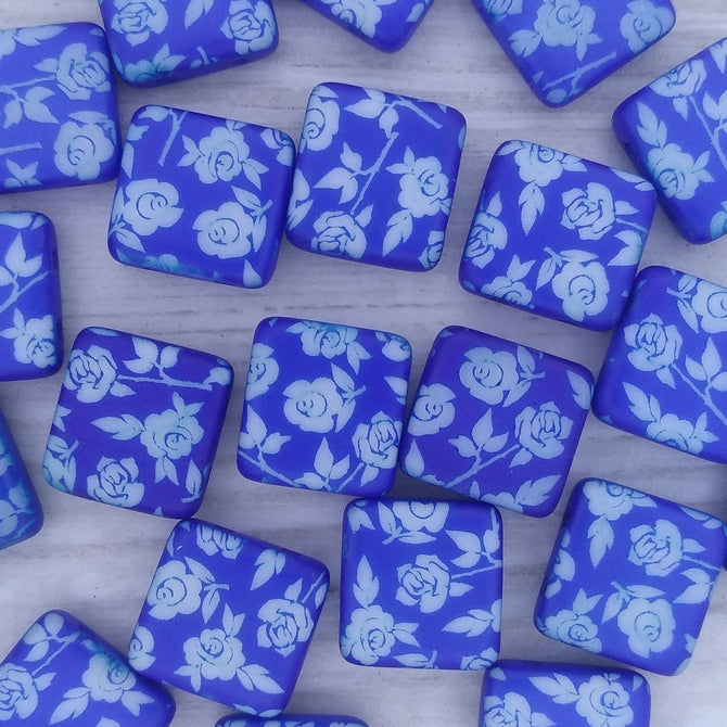 5 x 12mm square beads in Neon Blue with laser etched roses