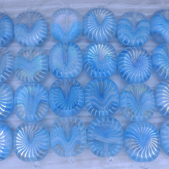 4 x table cut beads in Blue and Crystal with laser etched Sea Urchin (17x15mm)