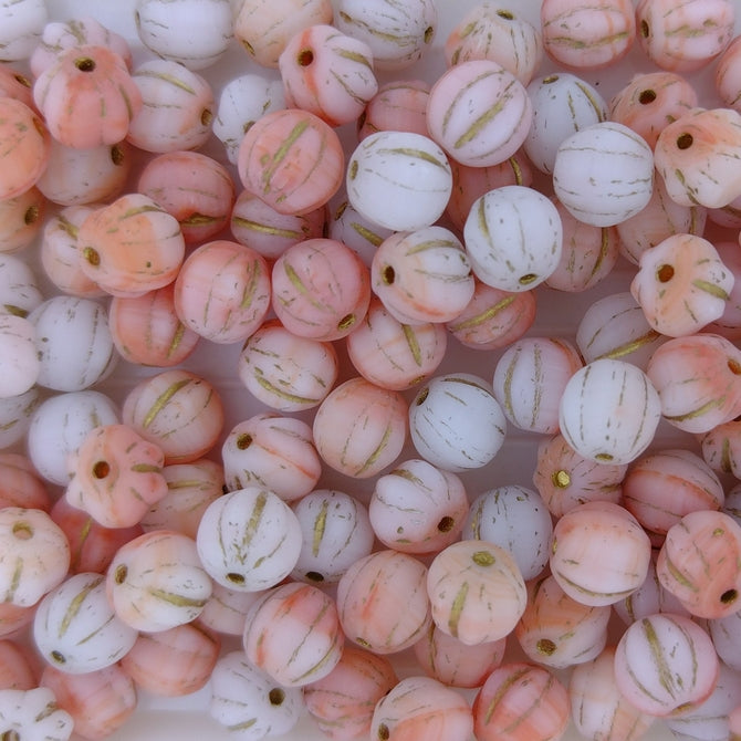 25 x 6mm melon beads in Matt White/Orange with Gold