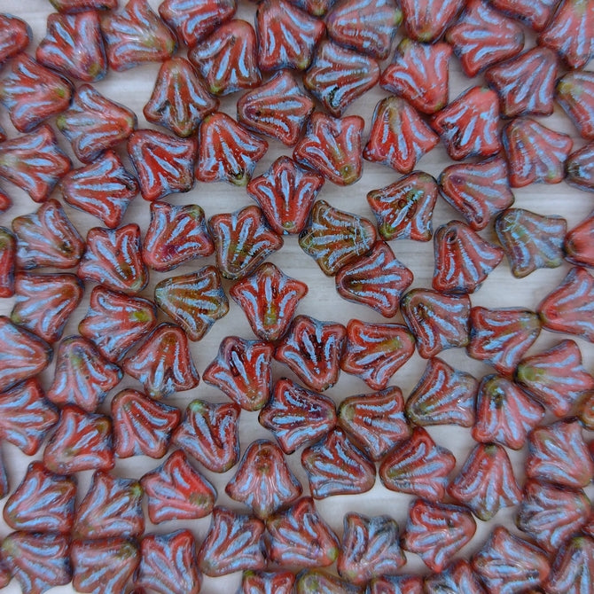 10 x 9mm Lily flowers in Red Picasso with Turquoise