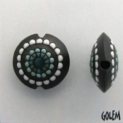 CLB-065-B-M lentil bead in Aqua and White Paisley Flower on Dark from Golem Studio