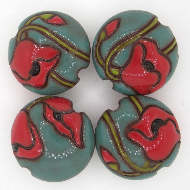 CLB-094-B-M lentil bead in Red Poppies on Aqua from Golem Studio