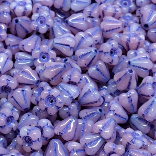 15 x Baby Bell Flower in Pink Opal with Milky Sapphire Lustre (6x4mm)