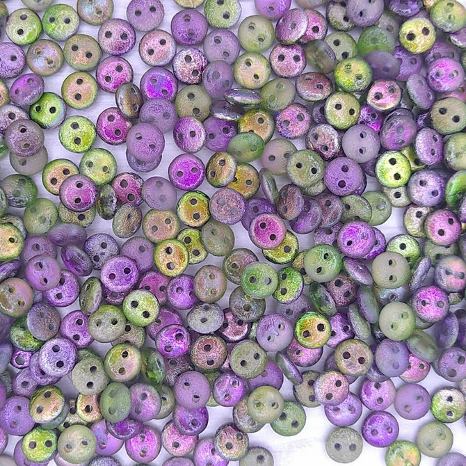 50 x two hole lentils in etched Magic Orchid