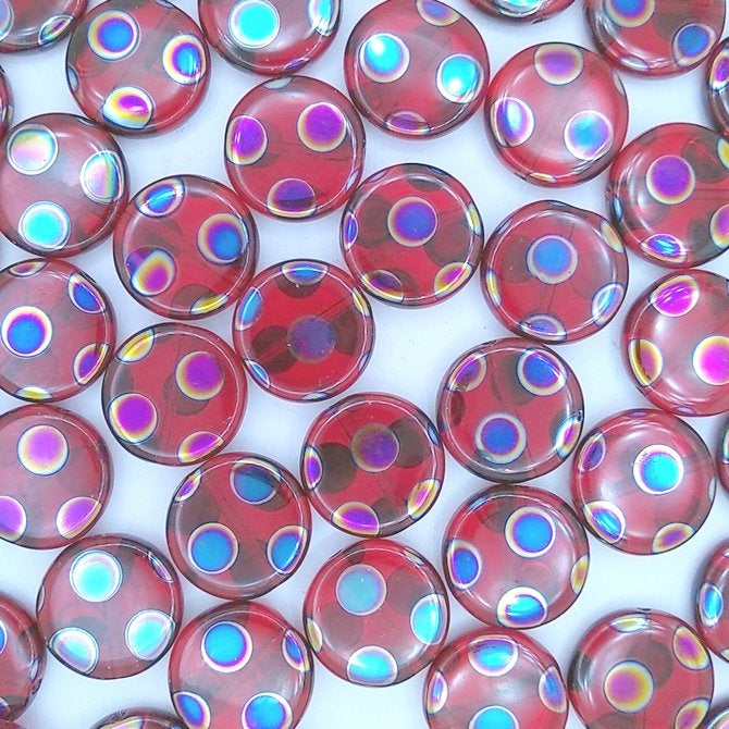 8 x 15mm disc beads in Red with Peacock spots