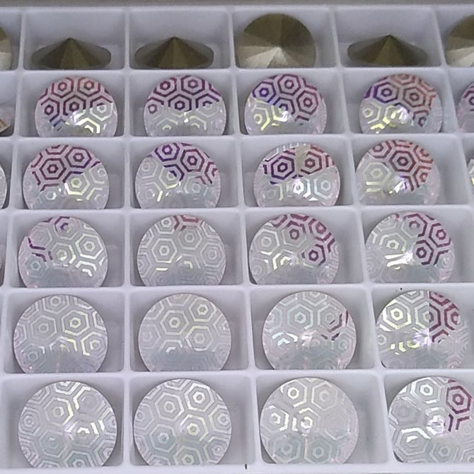12mm Rivoli in Crystal AB with Laser Etched Medium Hexagon pattern (Swarovski)