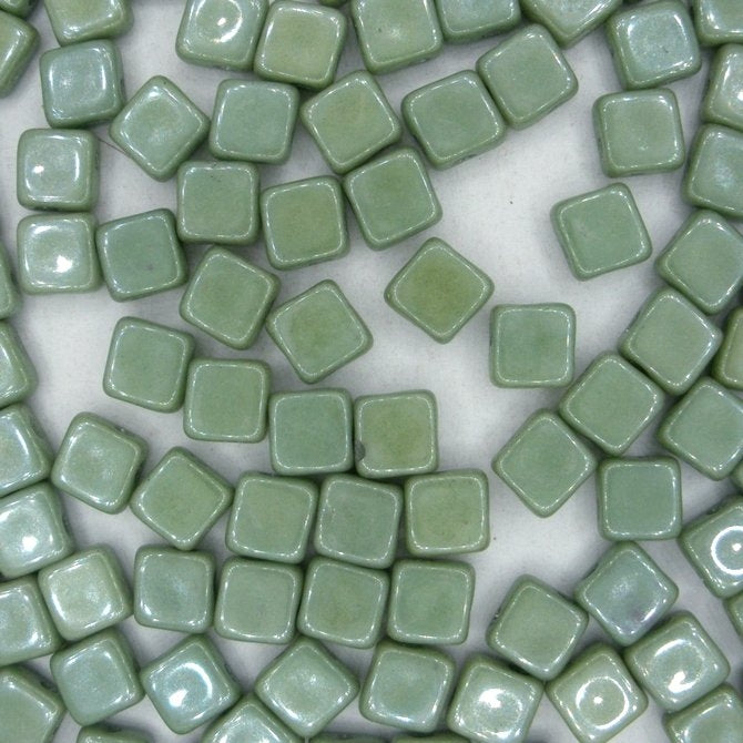 25 x 6mm Silky beads in Alabaster/Green Lustre