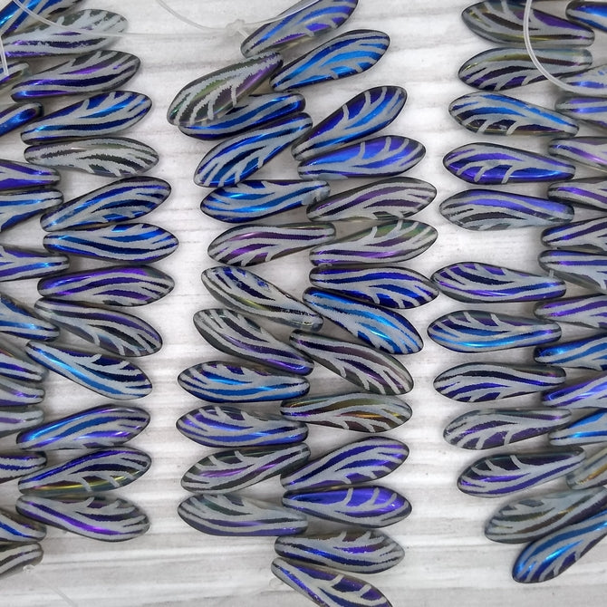 25 x Laser etched daggers in Grey with Blue Dragonfly Wing pattern (5x16mm)