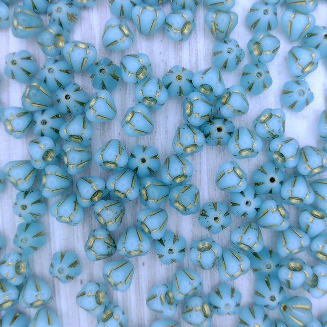 15 x Baby Bell Flower in Opaline Turquoise with Gold (6x4mm)