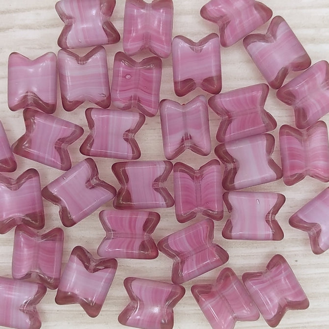2 x Handmade Pink/White butterfly shaped beads (1960-70) 13x10mm