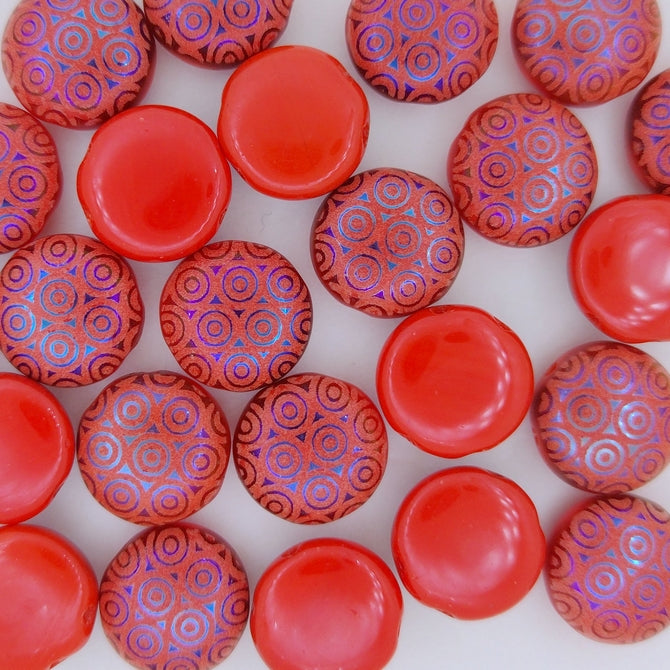6 x 12mm candy beads in Opaque Red with laser etched Blue circles