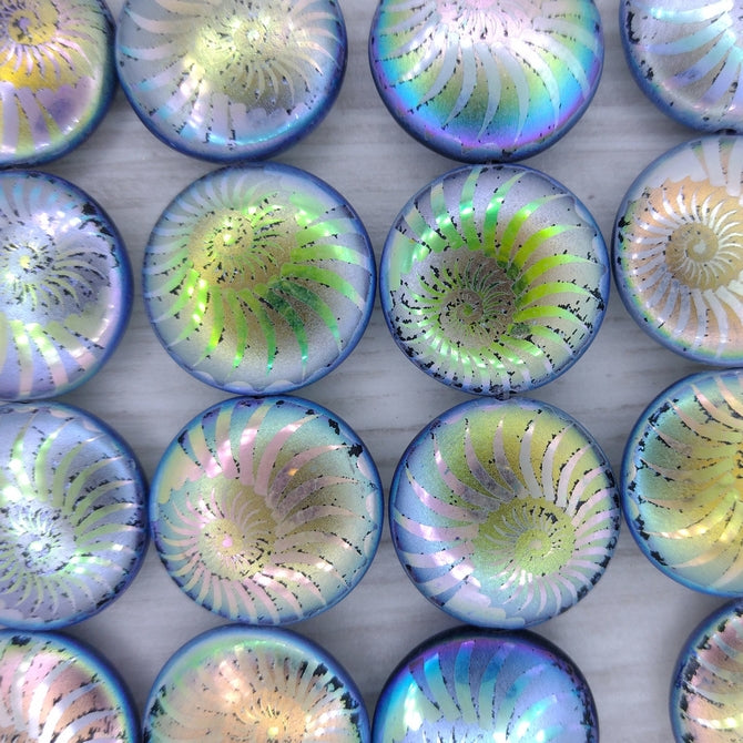 4 x 20mm lentil beads in Dark Blue AB with laser etched shell