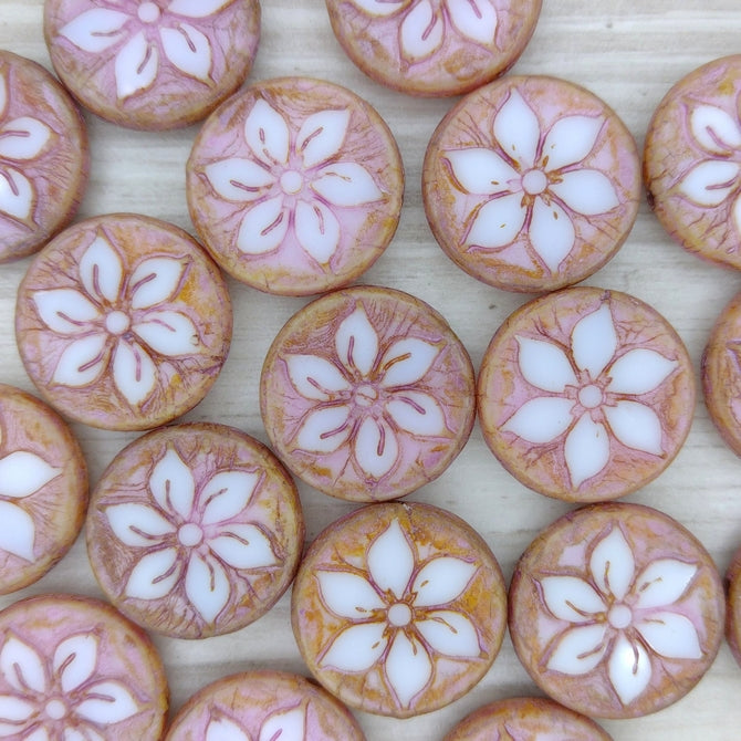 Pair of 18mm flower coins in Pink Picasso with Alabaster