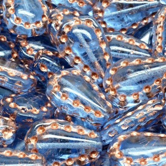 4 x Lacy Tear drops in Light Sapphire/Copper (17x12mm)