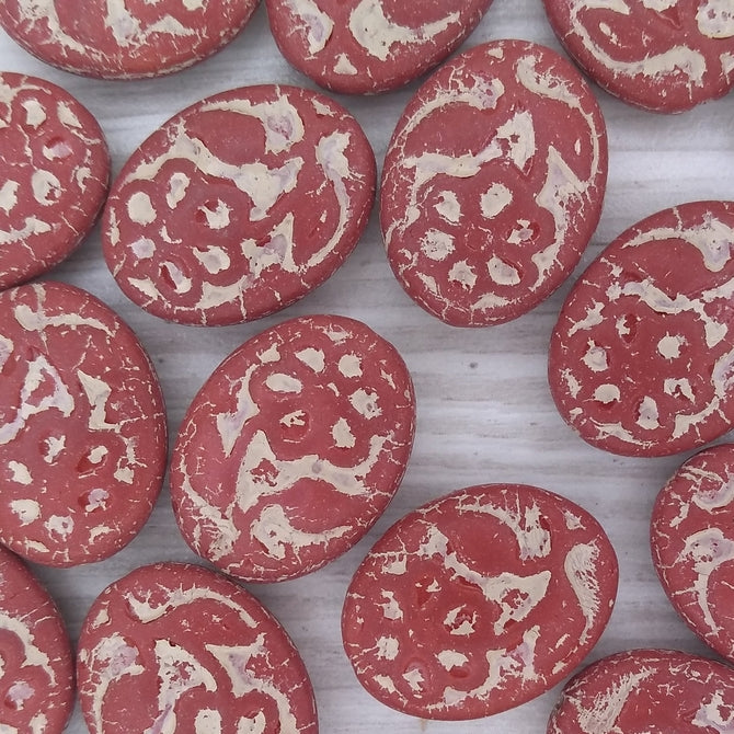 2 x ovals in Matt Opaque Red with Terracotta Flowers (21x16mm)