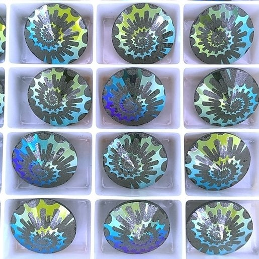 14mm Rivoli in Black AB with Laser Etched Shell pattern (Swarovski)