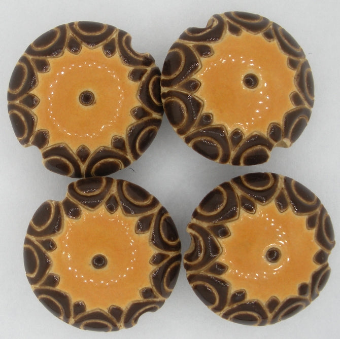 CLB-073-A-M lentil bead in Tan and Yellow Sun Design from Golem Studio