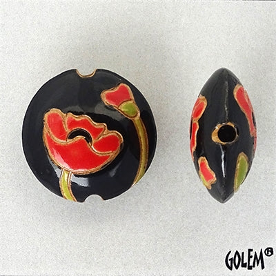 CLB-013-D-M lentil bead in Poppies on Black from Golem Studio