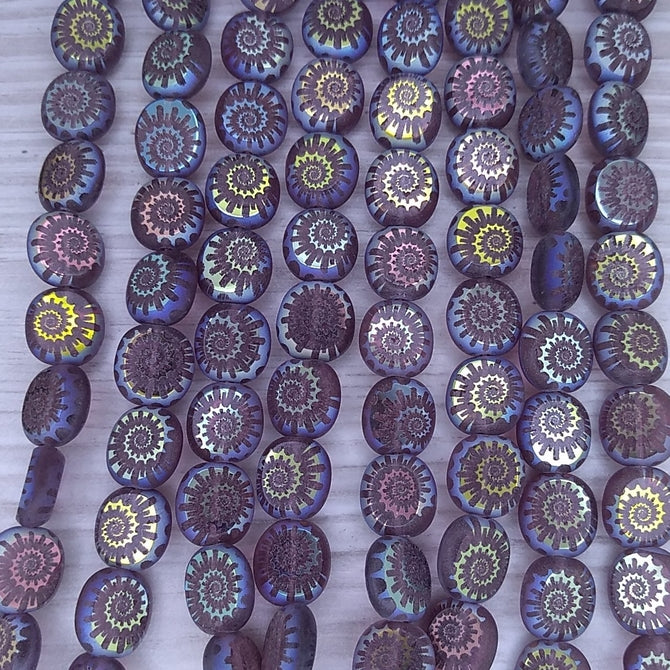 12 x table cut beads in Amethyst with laser etched shell (9x8mm)