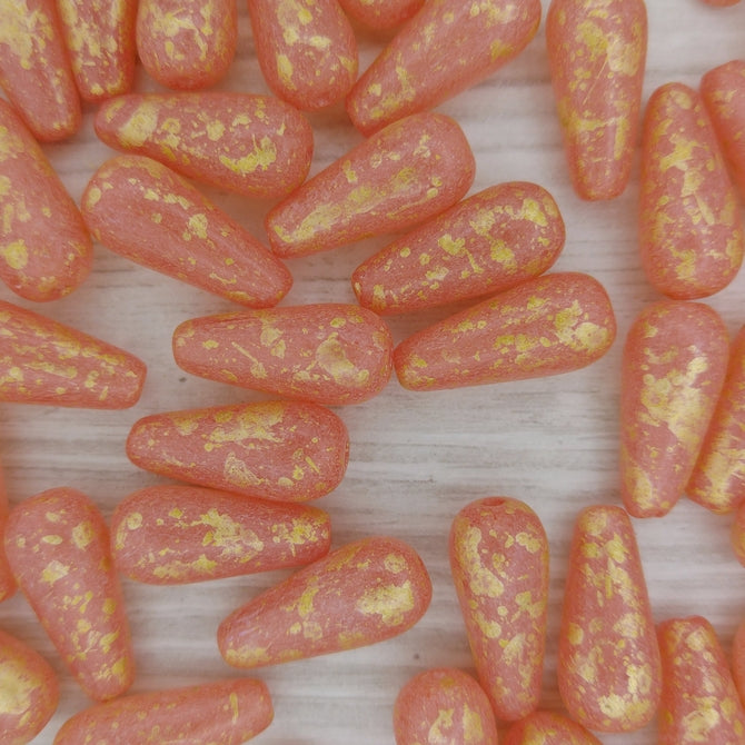 Pair of 20x9mm drops in Salmon Pink with Gold Splash