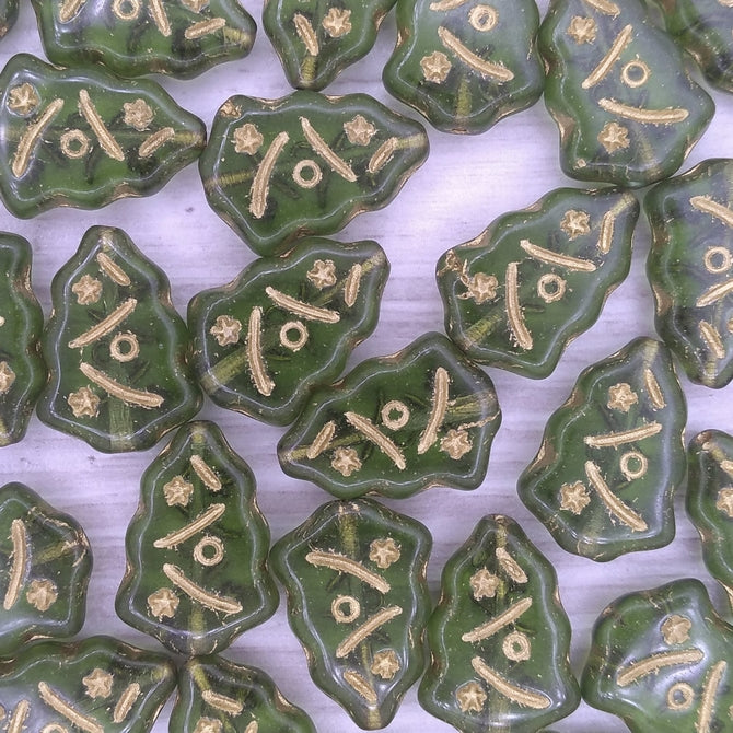 Pair of 17x12mm Christmas tree beads in Olivine with Gold