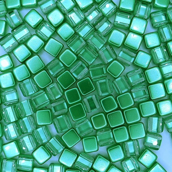 20 x 6mm Czech tiles in Crystal/Metallic Olivine