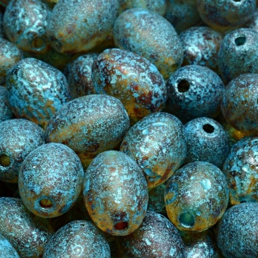 5 x Olive beads in etched Matt Brown Picasso with Blue lustre (13x10mm)