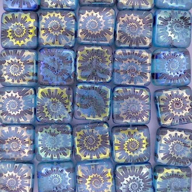 6 x 15mm square beads in Blue Marble with laser etched shell