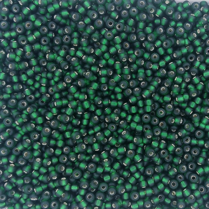 0027F - 10g Size 11/0 Miyuki seed beads in Matt Silver lined Dark Emerald