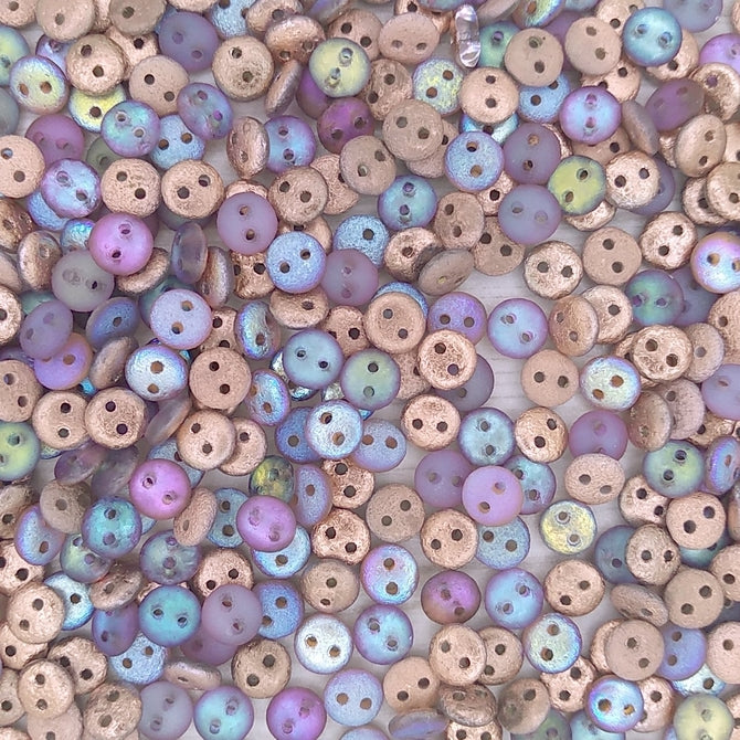 50 x two hole lentils in etched Copper Rainbow
