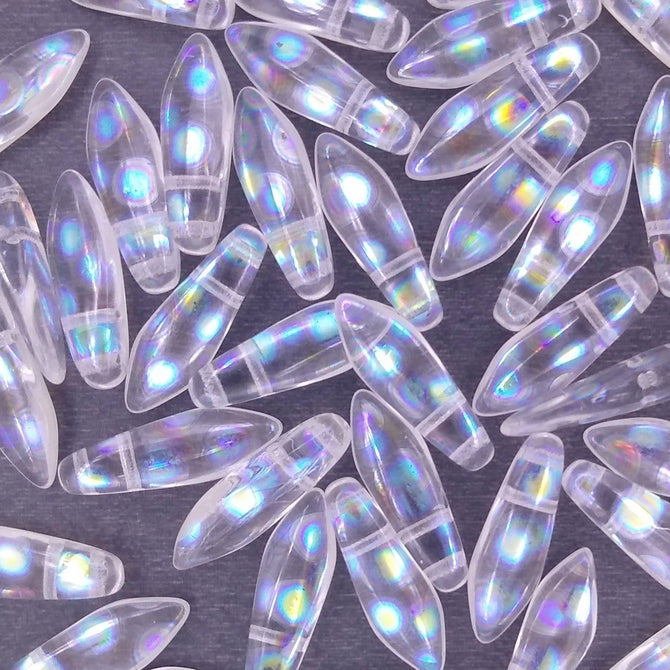 10 x two hole daggers in Crystal with AB spots (5x16mm)