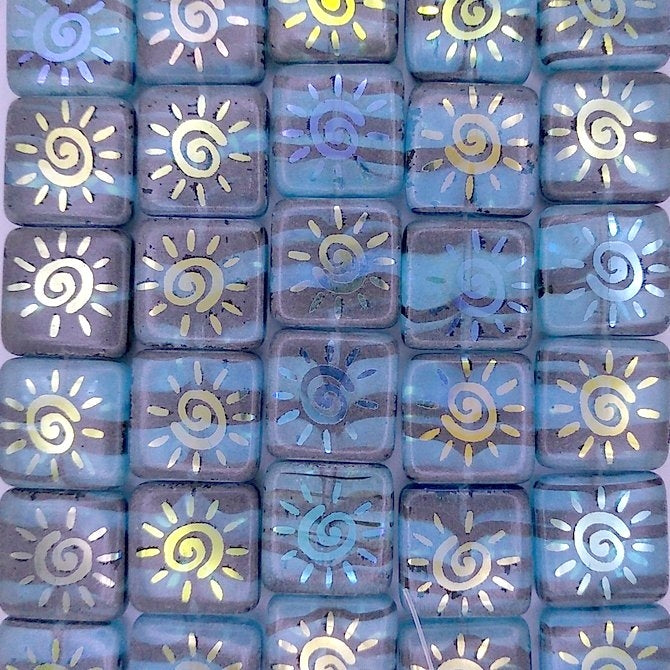 6 x 15mm sqaure beads in Blue Marble with Laser etched Sun