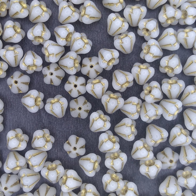 15 x Baby Bell Flowers in Alabaster and Gold (6x4mm)