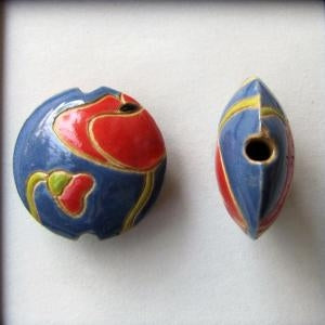 CLB-013-B-M - lentil bead in Red Poppies on Blue from Golem Studio