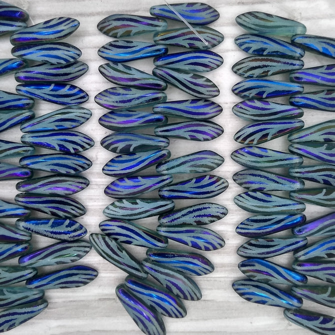 25 x Laser etched daggers in Green with Blue Dragonfly Wing pattern (5x16mm)