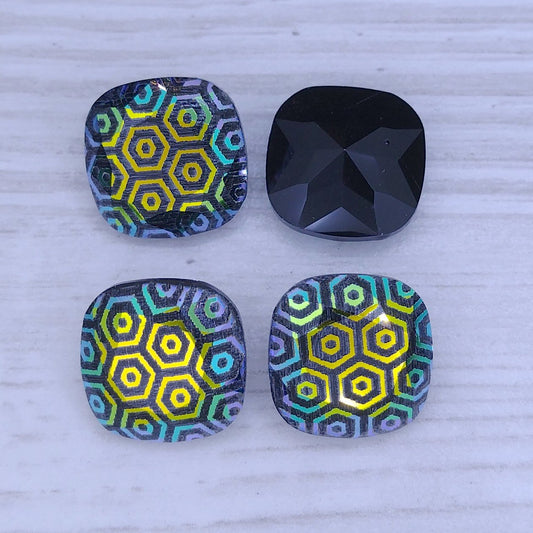 12mm Square in Black AB with Laser Etched Hexagon (Aurora)